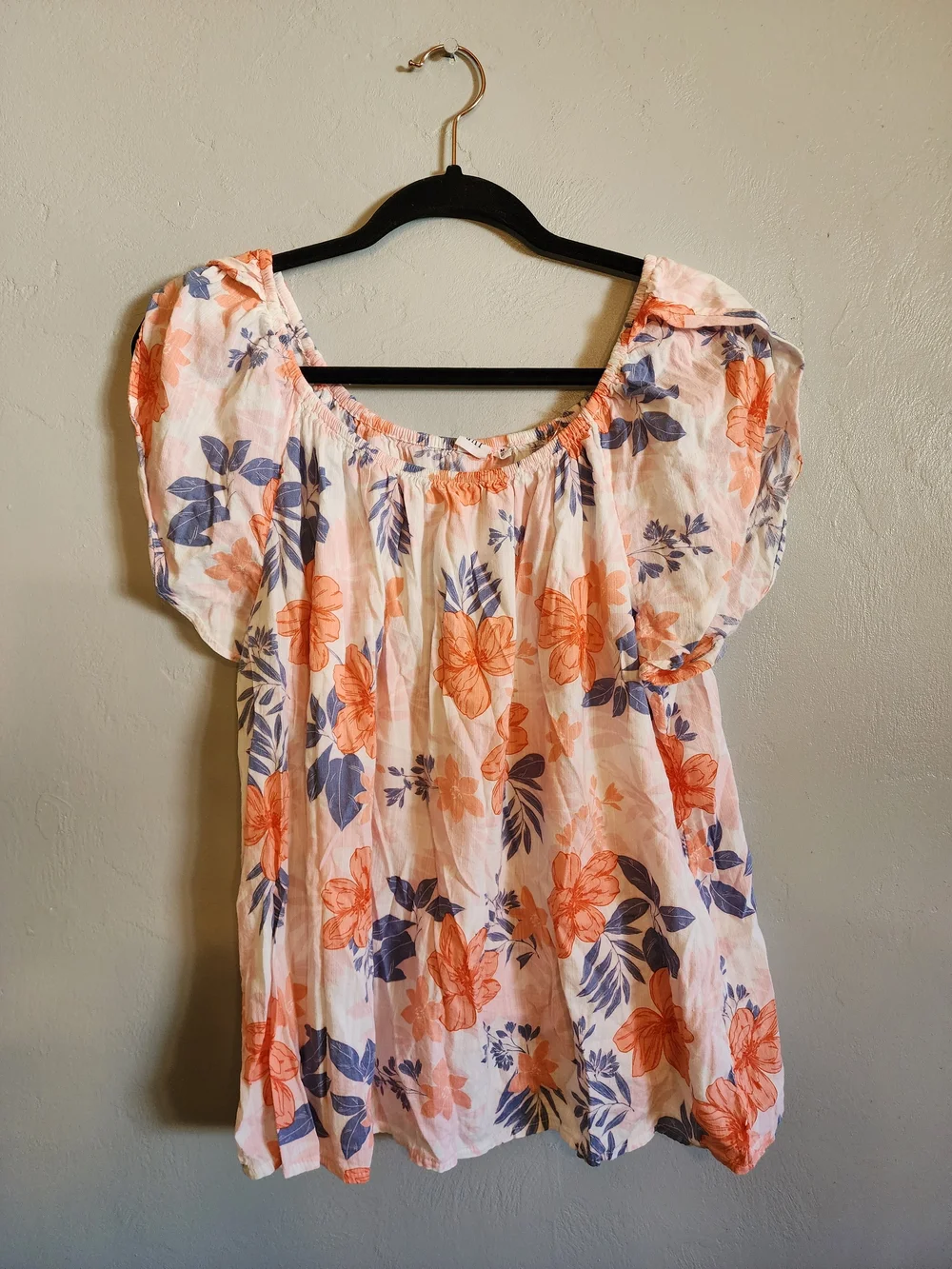 GAP Peach and Blue Tropical Floral Top With Tulip Sleeves